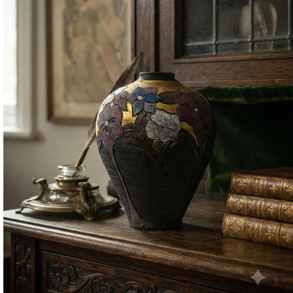 Vintage Studio Art Pottery Floral Vase Gold Leaf Textured Black Clay 12 Inch